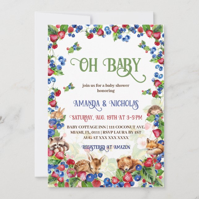 Invitación Fresa Arándano y Ducha de Bebé Animales (Anverso)