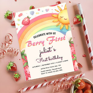 Invitación fresa arco iris primer cumpleaños fiesta
