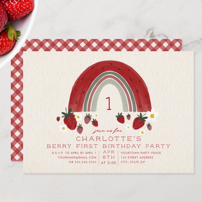 Invitación Fresa Arcoiris Gingham Berry Primer cumpleaños (Subido por el creador)