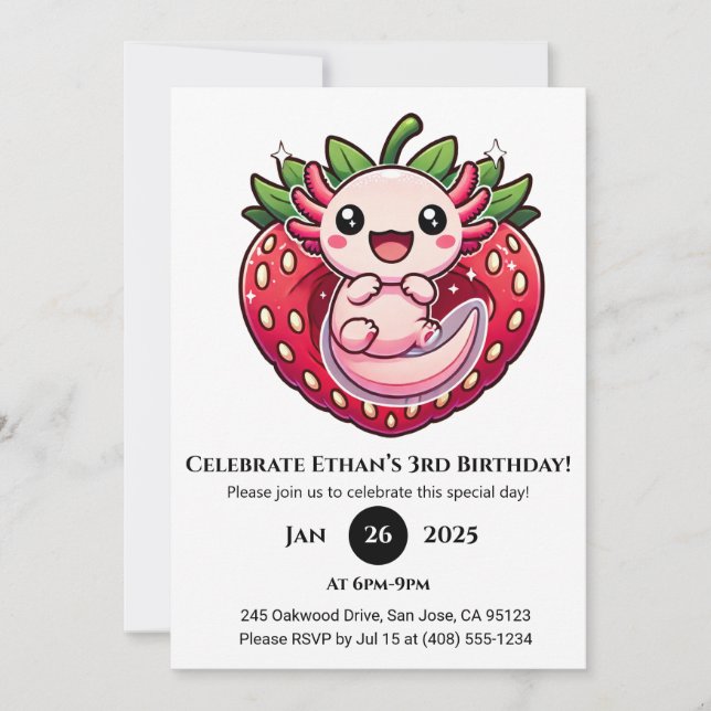 Invitación Fresa Axolotl Alegría Cumpleaños (Anverso)