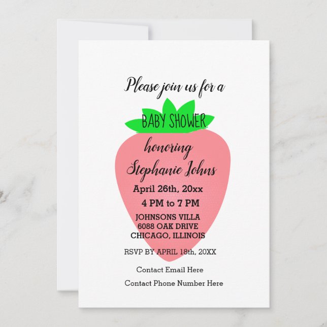 Invitación Fresa Baby Shower Bebé Niña Personalizado Rosa (Anverso)