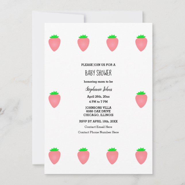 Invitación Fresa Baby Shower Bebé Niña Rosa Blanco (Anverso)