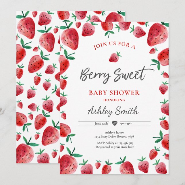 Invitación Fresa Baby Shower Berry Berry Sweet Baby (Anverso / Reverso)