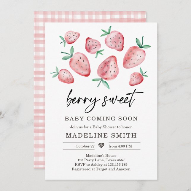 Invitación Fresa Baby Shower Invite a Berry Sweet Baby (Anverso / Reverso)