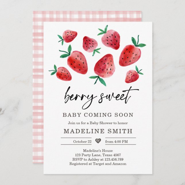 Invitación Fresa Baby Shower Invite a Berry Sweet Baby (Anverso / Reverso)