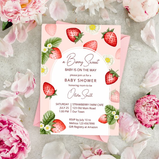Invitación Fresa bebé berry dulce (Berry sweet strawberry baby shower invitation template instant download strawberry arch watercolor)