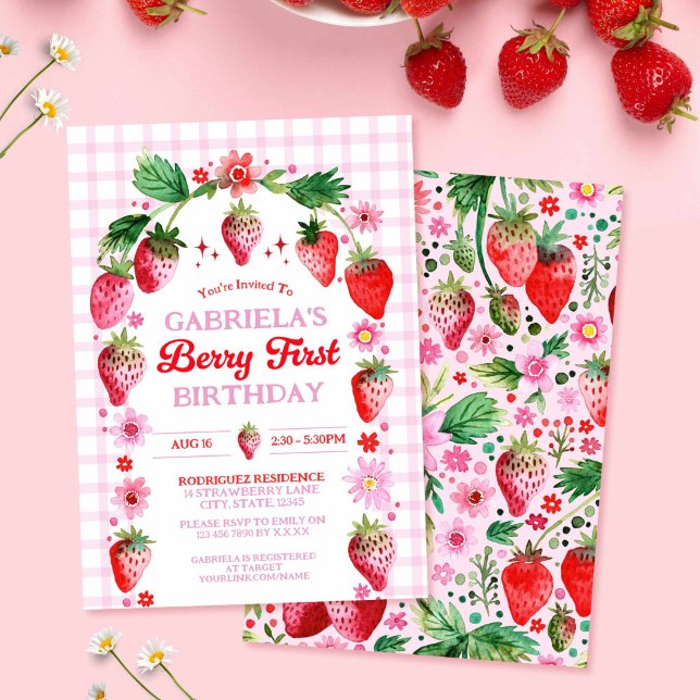Invitación Fresa Berry 1er cumpleaños acuarela (Strawberry Berry 1st Birthday Watercolor Invitation)