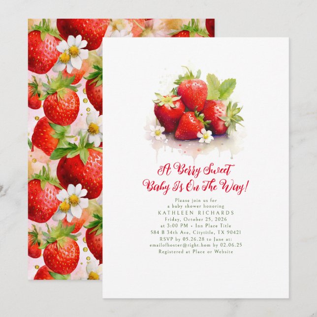 Invitación Fresa Berry A Berry Sweet Baby Girl Baby Shower (Anverso / Reverso)