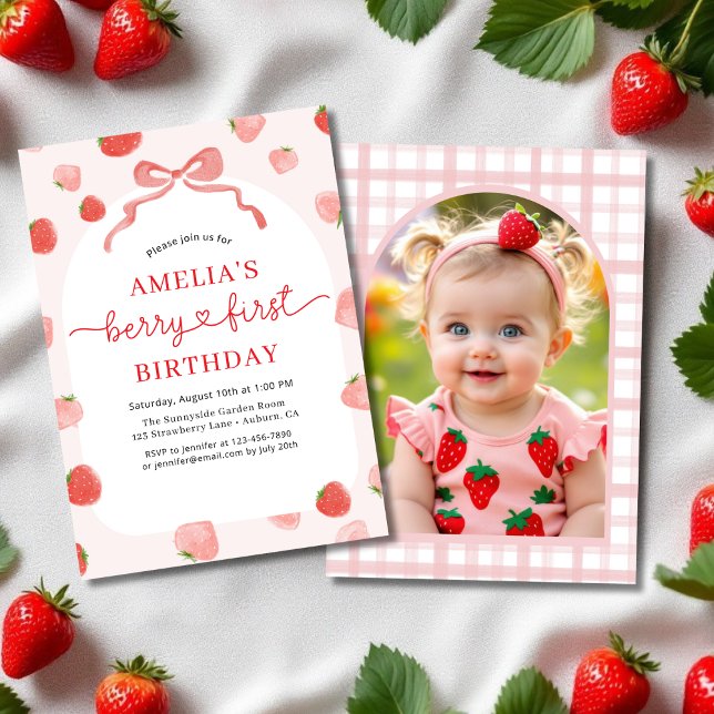 Invitación Fresa Berry Primer Chica foto de primer cumpleaños (Subido por el creador)