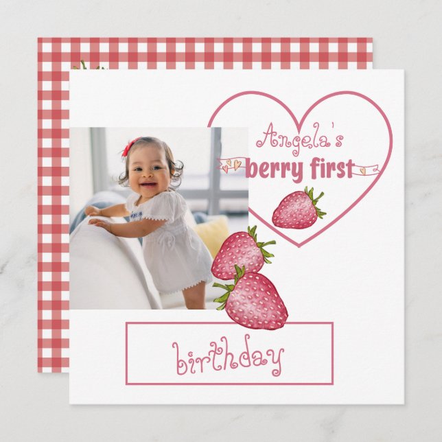 Invitación Fresa Berry Primer Cumpleaños 2 (Anverso / Reverso)