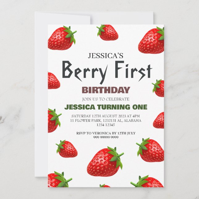Invitación Fresa Berry Primer cumpleaños Bebé Cute simple (Anverso)