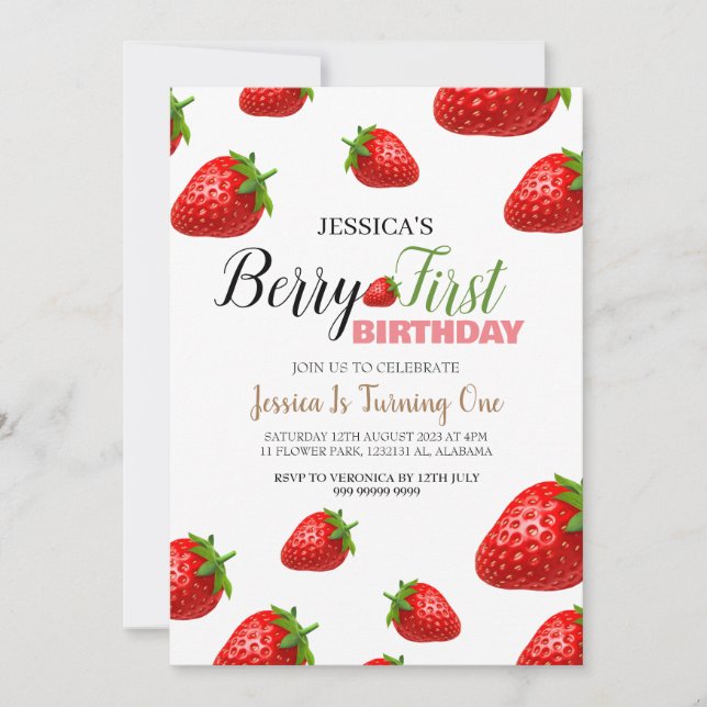 Invitación Fresa Berry Primer cumpleaños Bebé Cute simple (Anverso)