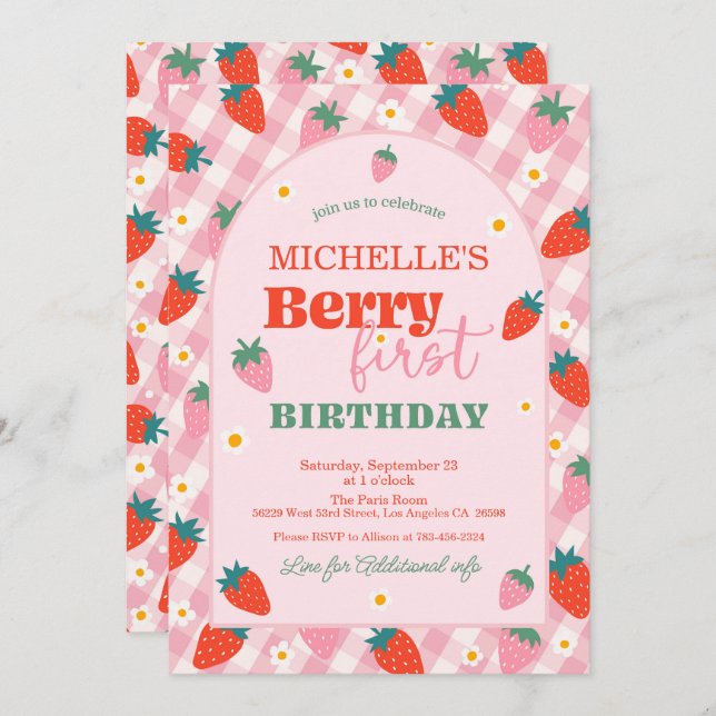Invitación Fresa Berry Primer cumpleaños Gingham (Anverso / Reverso)