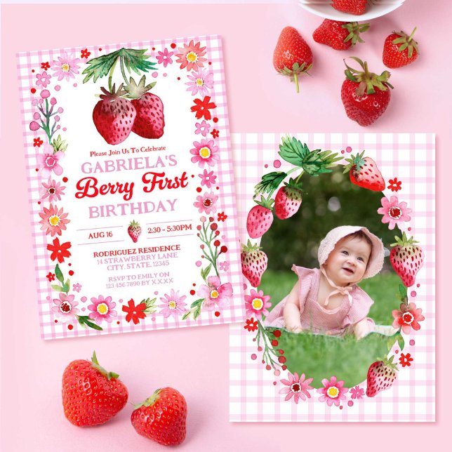 Invitación Fresa Berry Primer cumpleaños Watercolor Foto (Strawberry Berry First Birthday Watercolor Photo Invitation)