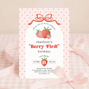 Invitación Fresa Berry Primer Lazo Rojo Cumpleaños 1