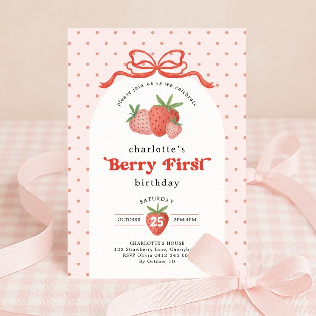 Invitación Fresa Berry Primer Lazo Rojo Cumpleaños 1 (Subido por el creador)