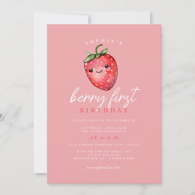 Invitación Fresa Berry Primer Primer Cumpleaños (Anverso)