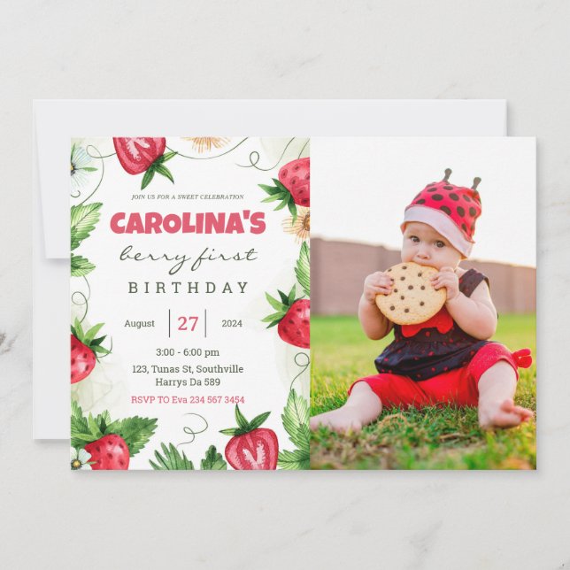 Invitación Fresa berry primera foto cumpleaños (Anverso)