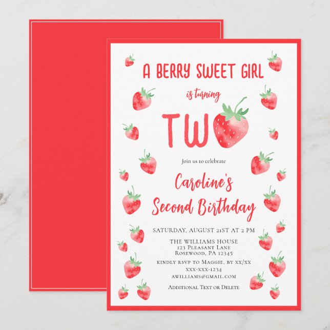 Invitación Fresa Berry Summer Berry Sweet Second Girl Cumplea (Anverso / Reverso)