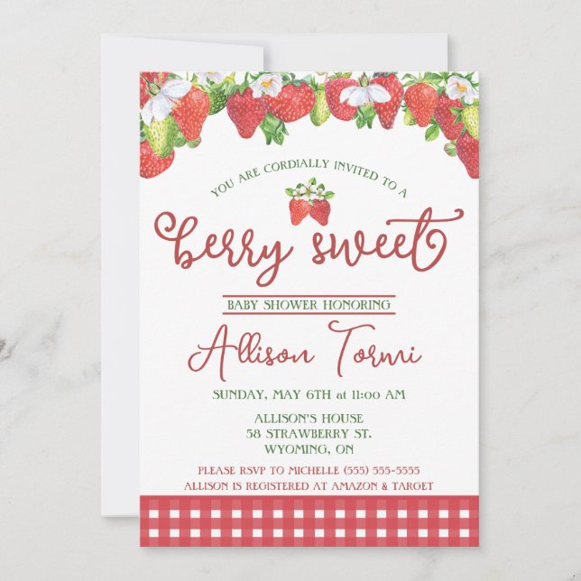 Invitación Fresa, Berry Sweet Baby Shower (Anverso)