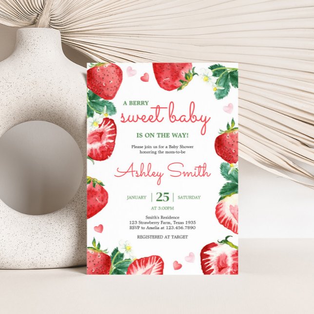 Invitación Fresa Berry Sweet Baby Shower (A Berry Sweet Strawberry Baby Shower Invitation)
