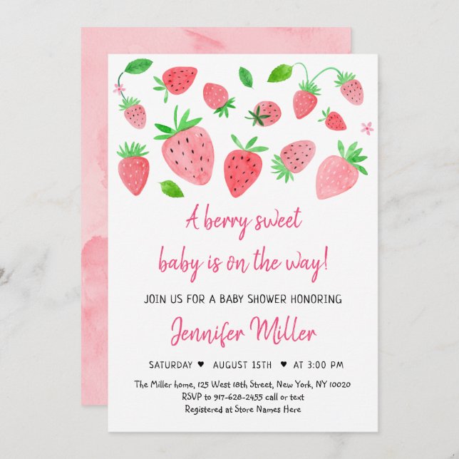 Invitación Fresa Berry Sweet Baby Shower (Anverso / Reverso)