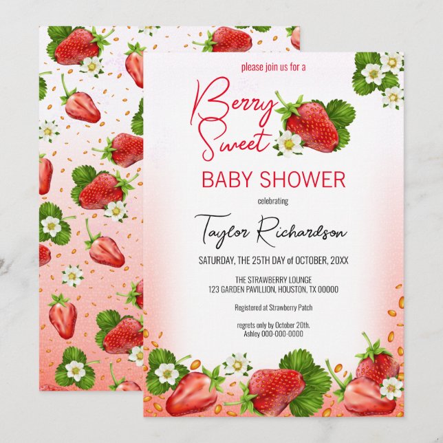 Invitación Fresa Berry Sweet Baby Shower (Anverso / Reverso)