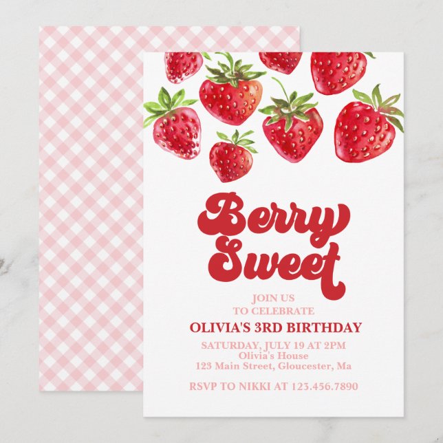Invitación Fresa Berry Sweet Birthday (Anverso / Reverso)