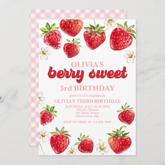 Invitación Fresa Berry Sweet Birthday (Anverso / Reverso)