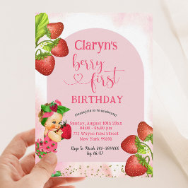 Invitación Fresa Berry Sweet First Birday Blonde Chica
