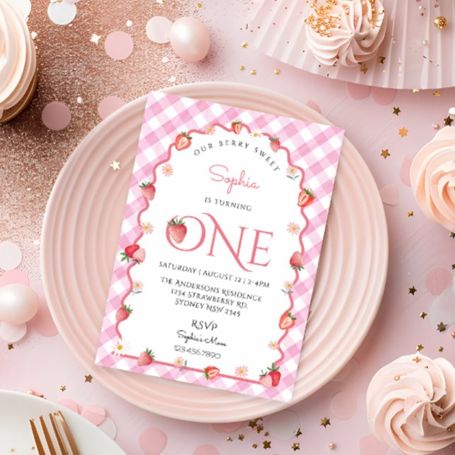 Invitación Fresa Berry Sweet First Birthday Wavy (Subido por el creador)
