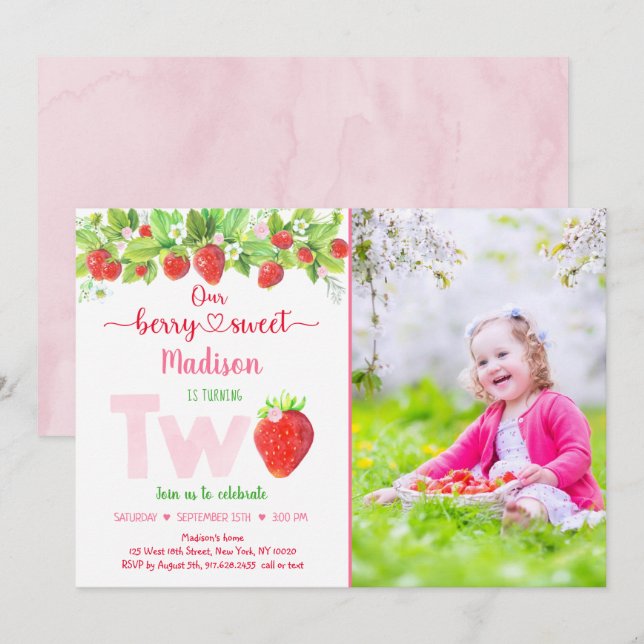 Invitación Fresa Berry Sweet Floral Segundo Cumpleaños (Anverso / Reverso)