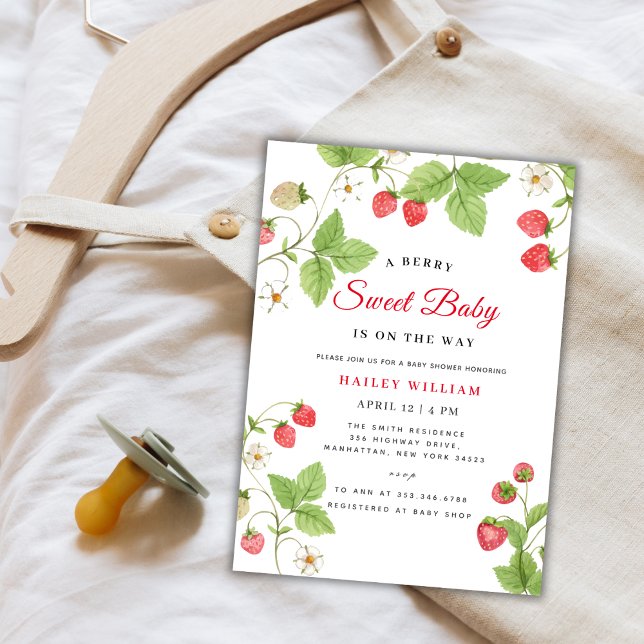 Invitación Fresa Berry Sweet Greenery Baby Shower (Strawberry Berry Sweet Greenery Baby Shower Invitation)