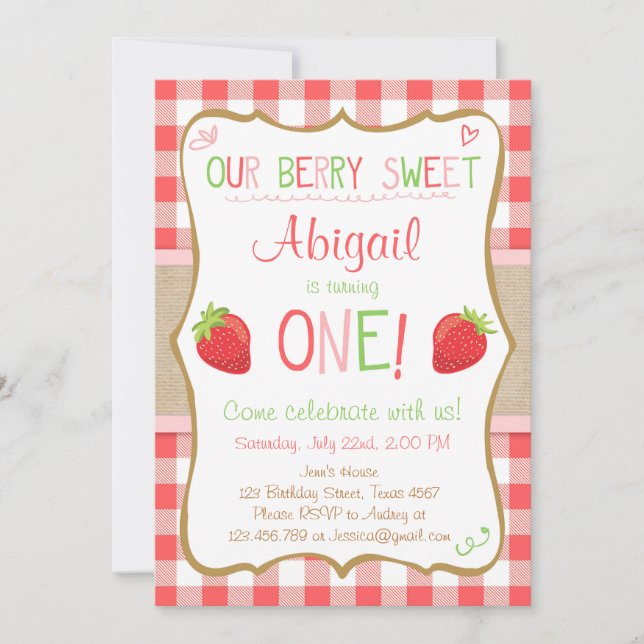 Invitación Fresa Berry Sweet Pink Red Primer Cumpleaños (Anverso)