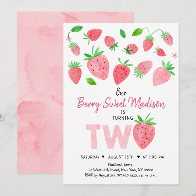 Invitación Fresa Berry Sweet Second Birday (Anverso / Reverso)