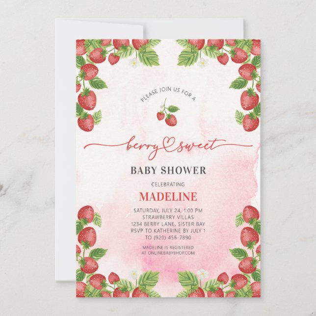 Invitación Fresa Berry Sweet Watercolor Baby Shower (Anverso)