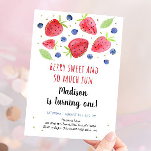 Invitación Fresa Blueberry Watercolor Primer Cumpleaños