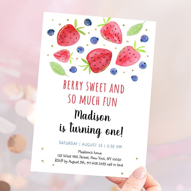 Invitación Fresa Blueberry Watercolor Primer Cumpleaños (Subido por el creador)