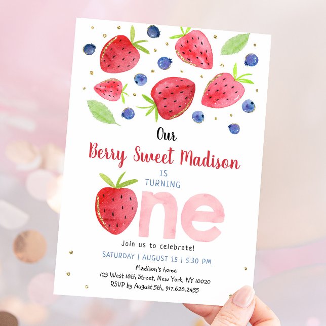 Invitación Fresa Blueberry Watercolor Primer Cumpleaños (Subido por el creador)