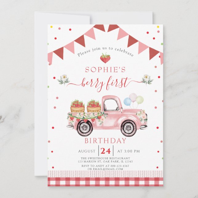 Invitación Fresa Camión dulce Berry primer cumpleaños (Anverso)