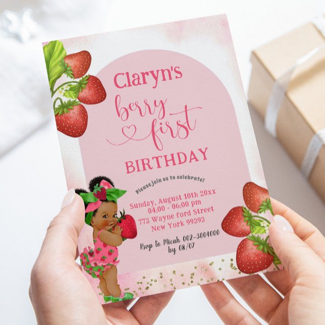 Invitación Fresa Chica africana Berry Sweet First Birday (Subido por el creador)