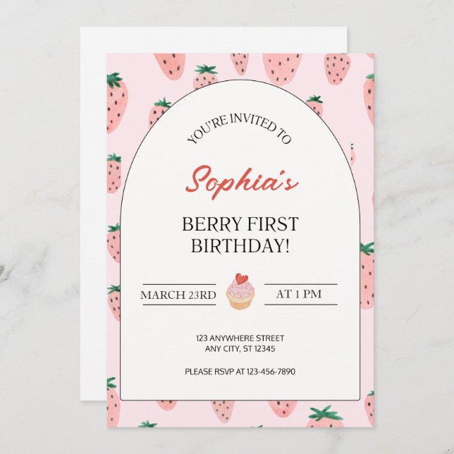 Invitación Fresa color Fresa Berry Primer cumpleaños (Anverso / Reverso)
