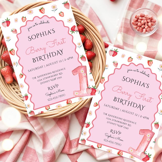 Invitación Fresa Cuta Primer Primer Cumpleaños (Subido por el creador)