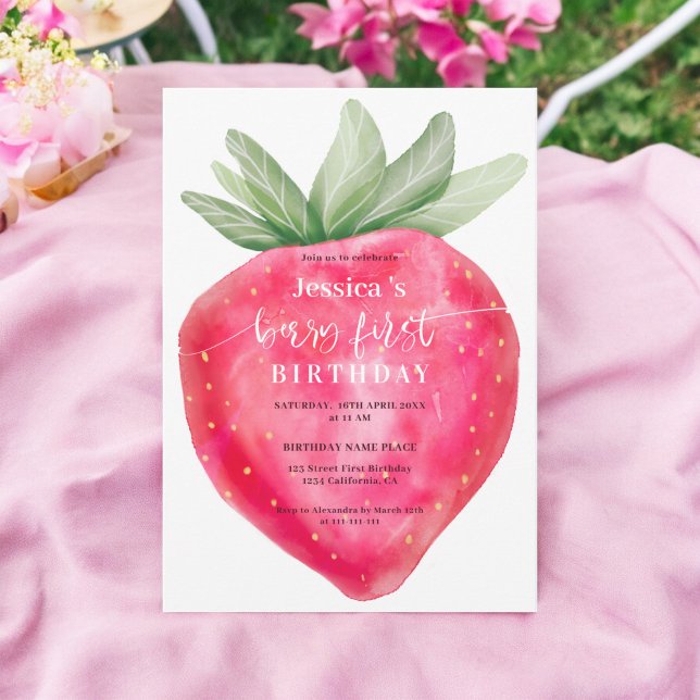 Invitación Fresa cutánea de primer cumpleaños acuarela de fre (Cute berry first birthday watercolor strawberry invitation)