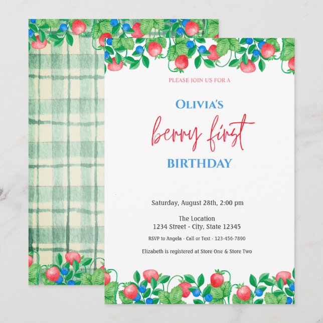 Invitación Fresa de arándano de arándano Verde Placa 1er cump (Anverso / Reverso)