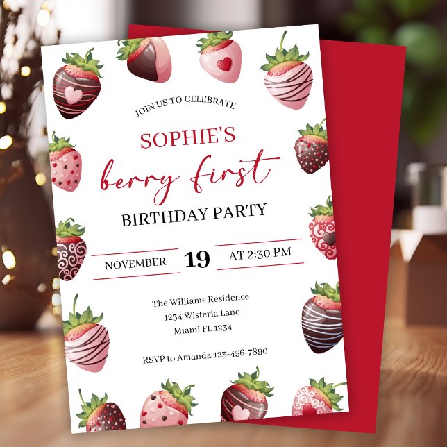 Invitación Fresa de chocolate rojo primer cumpleaños de Berry (Subido por el creador)