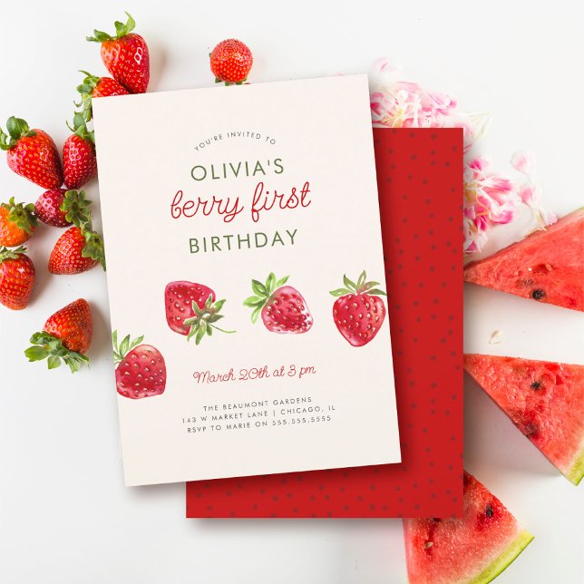 Invitación Fresa de color Fresa Berry Primer Cumpleaños (Subido por el creador)