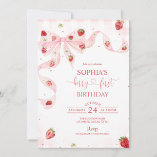 Invitación Fresa de Gingham Rosa Cumpleaños Primera Fresa