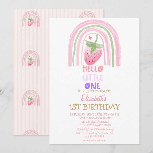 Invitación Fresa de Raya de Arcoíris Hola Pequeñito (Anverso / Reverso)