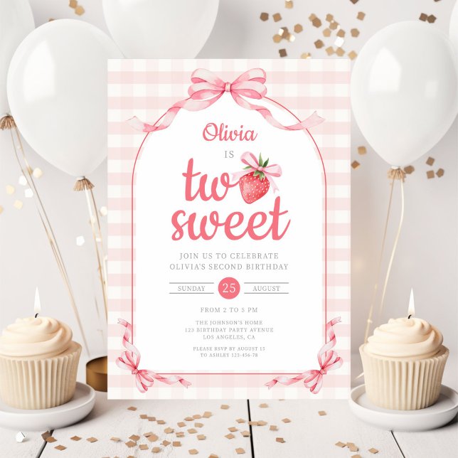 Invitación Fresa Dos Dulces Chicas Segundo Cumpleaños (Strawberry Two Sweet Girl 2nd Birthday Invitation)